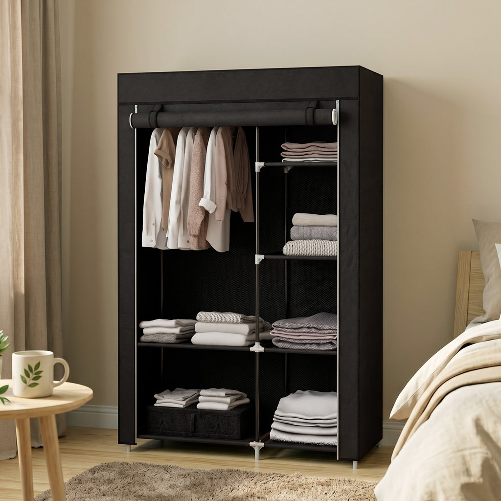 Armoire penderie multi-rangement - 6 étagères, 1 barre - non tissé noir-1