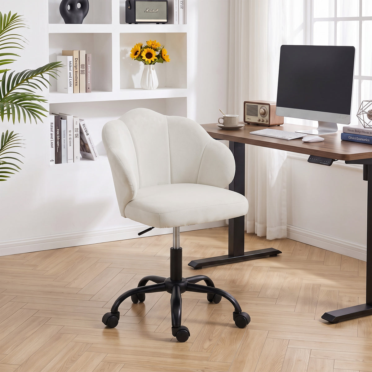 Chaise Bureau en Velours, Chaise Coiffeuse avec Dossier en Pétale, Hauteur Réglable, Fonction Bascule, Crème-9
