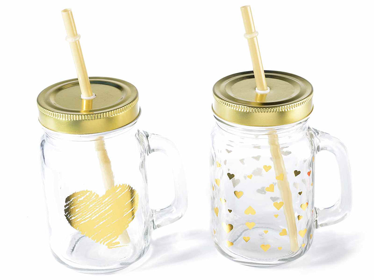 BARATTOLO IN VETRO CON CUORI & TAPPO DORATI CON CANNUCCIA