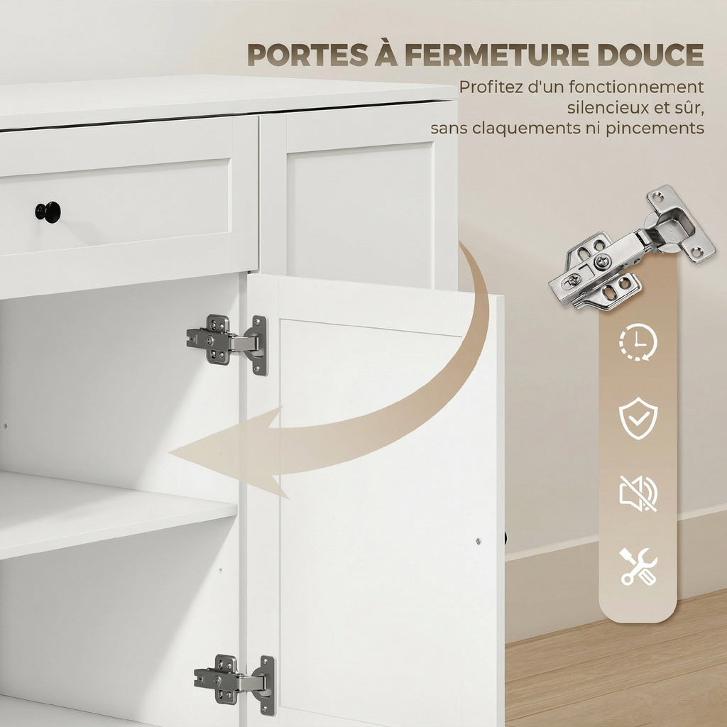 Buffet cuisine, meuble de rangement avec tiroir, 4 portes à fermeture douce, racks-porte et étagères réglables, blanc-6