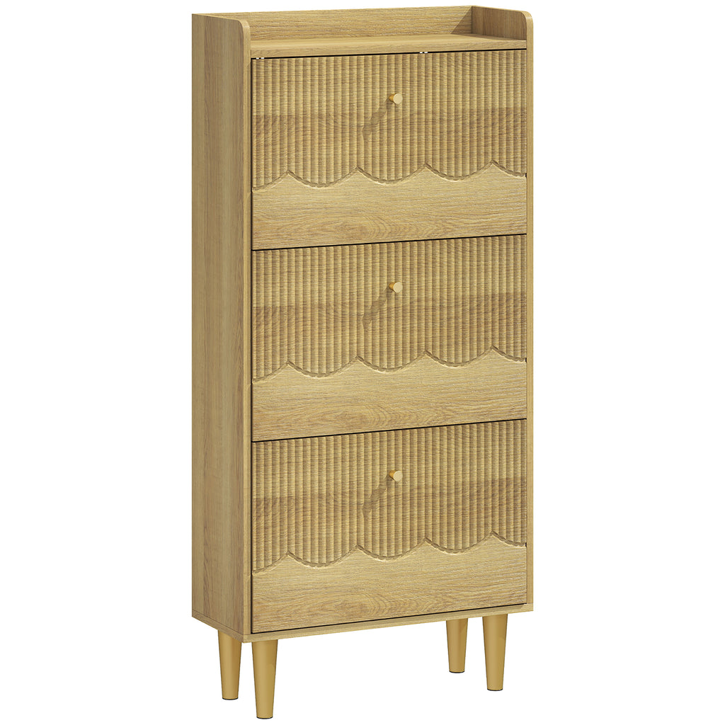 Meuble à chaussures 18 paires, armoire à chaussures étroite, 3 tiroirs rabattables étagères réglables, 60x24x128cm, chêne-0