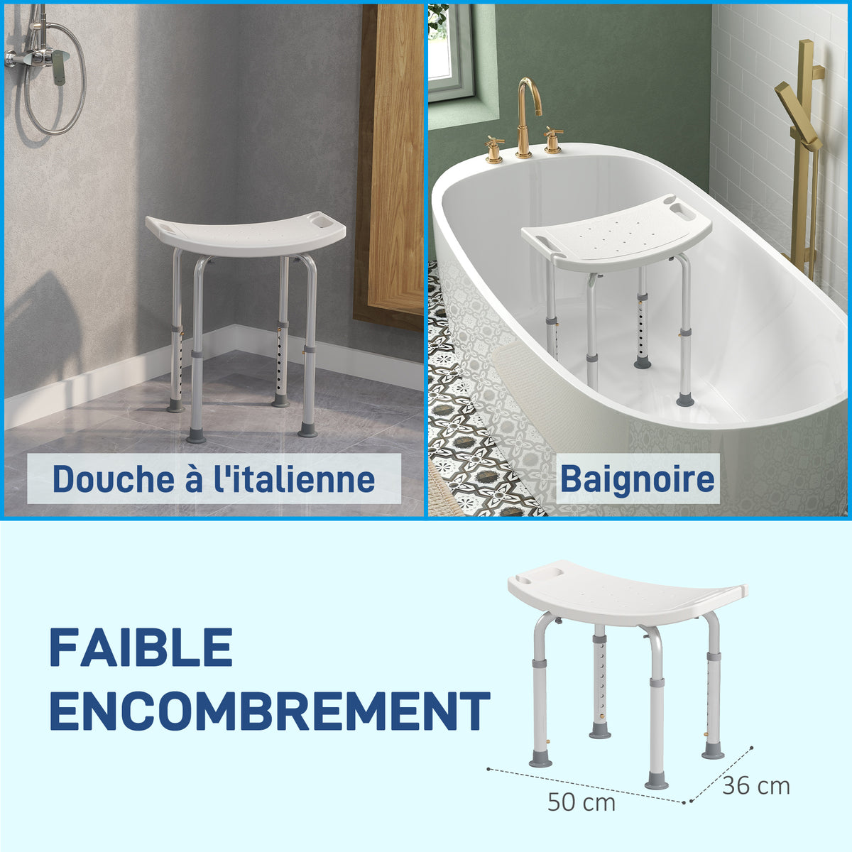 Tabouret de douche chaise de douche pour personnes âgées et handicapées, hauteur réglable, patins antidérapants, chaise de bain en alliage d'aluminium antirouille, blanc-4