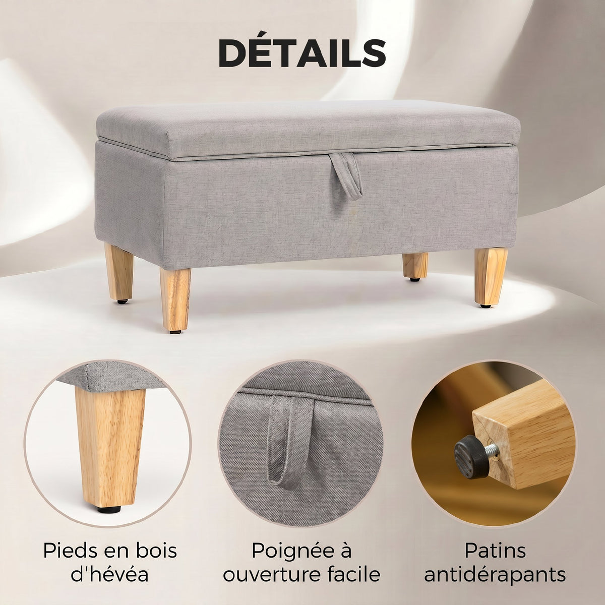 Banc de rangement, bout de lit, repose-pieds rembourré en lin avec pieds en bois de caoutchouc, 71x37x36cm, gris clair-5