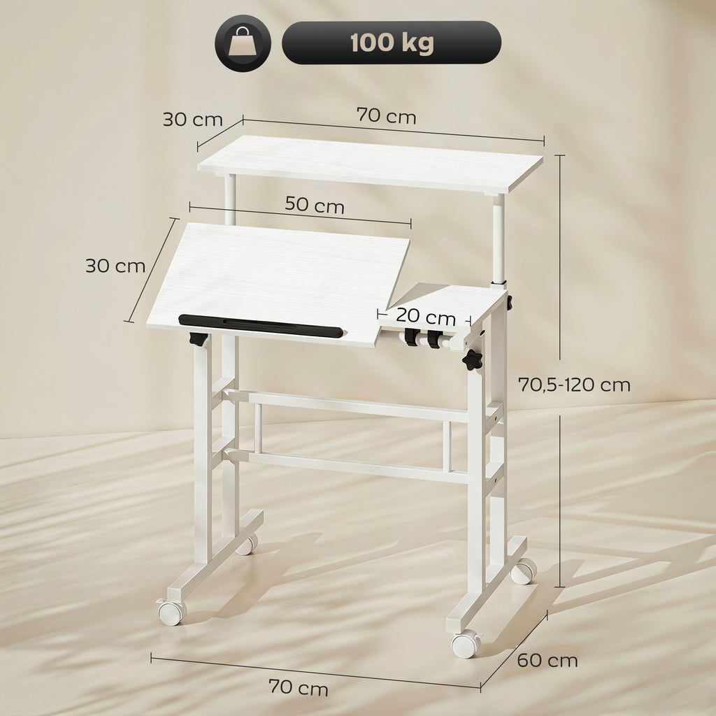 Bureau Assis-Debout, Bureau Réglable en Hauteur 70 x 60 cm, à Roulettes avec Plateau Inclinable, 70x60x70,5-120cm, Blanc-2
