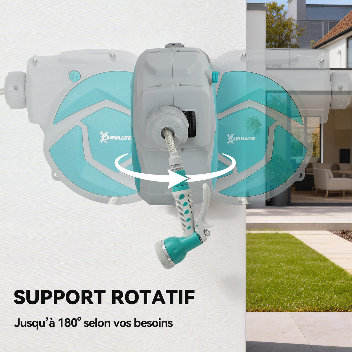 Enrouleur Tuyau Arrosage Mural Automatique 10 + 1 m, Pivotant 180°, Buse à 7 Modes, pour Jardin, 28x14x34cm, Vert-5