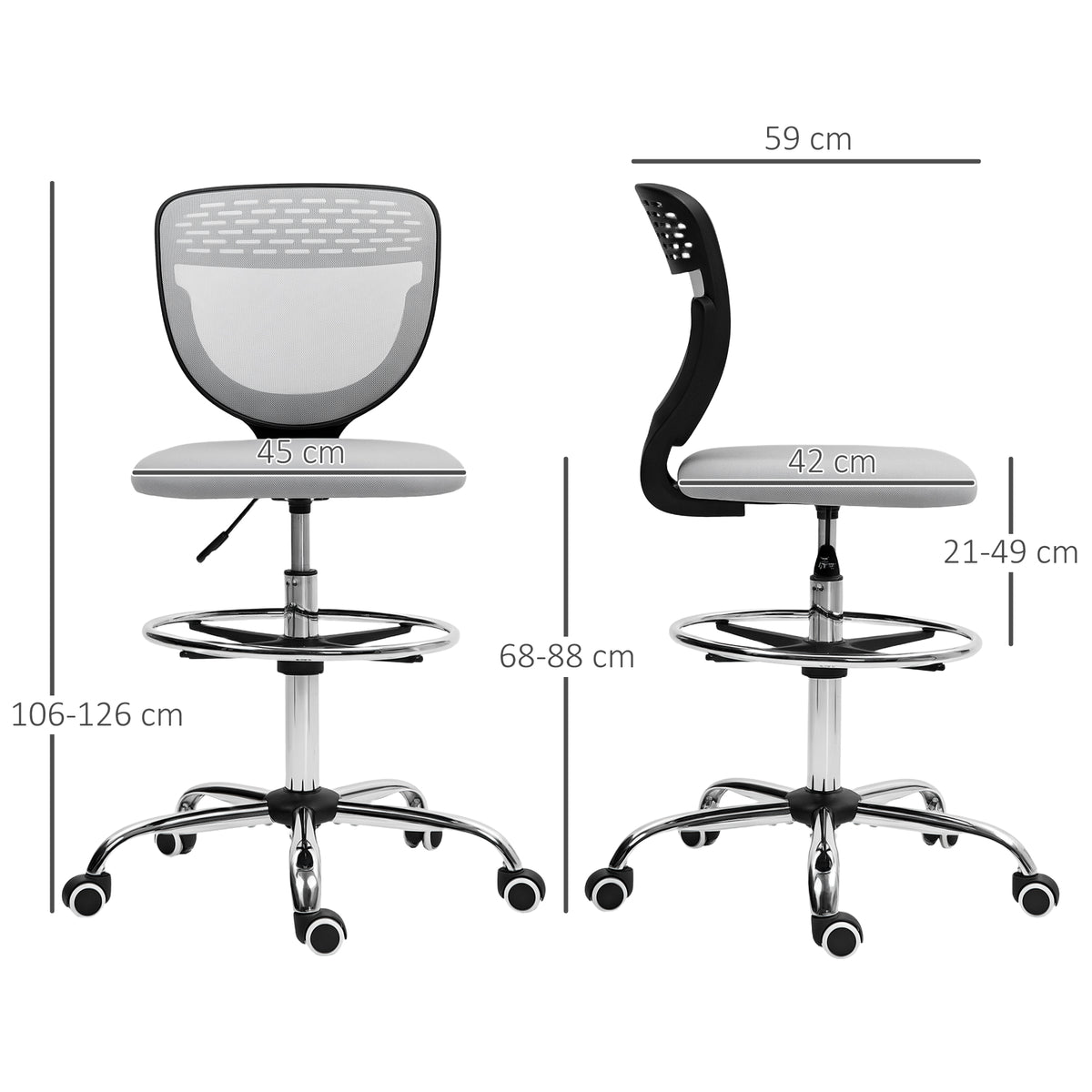 Chaise de bureau ergonomique en maille, chaise de dessin, hauteur et repose-pieds réglable, 59 x 59 x 106-126 cm, gris-2