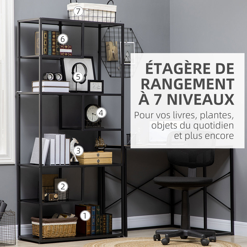 Bibliothèque étagère de rangement à 7 niveaux cadre en acier style industriel 83 x 34 x 180 cm noir-4