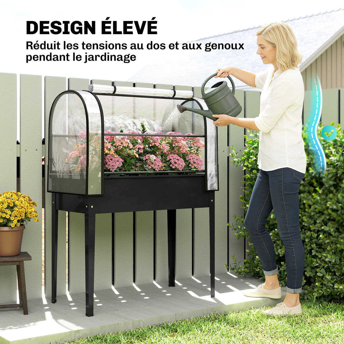 Potager sur Pieds avec Serre Rabattable, Jardinière Surélevée en Métal avec Trou de Drainage, 100 x 49 x 136 noir-6
