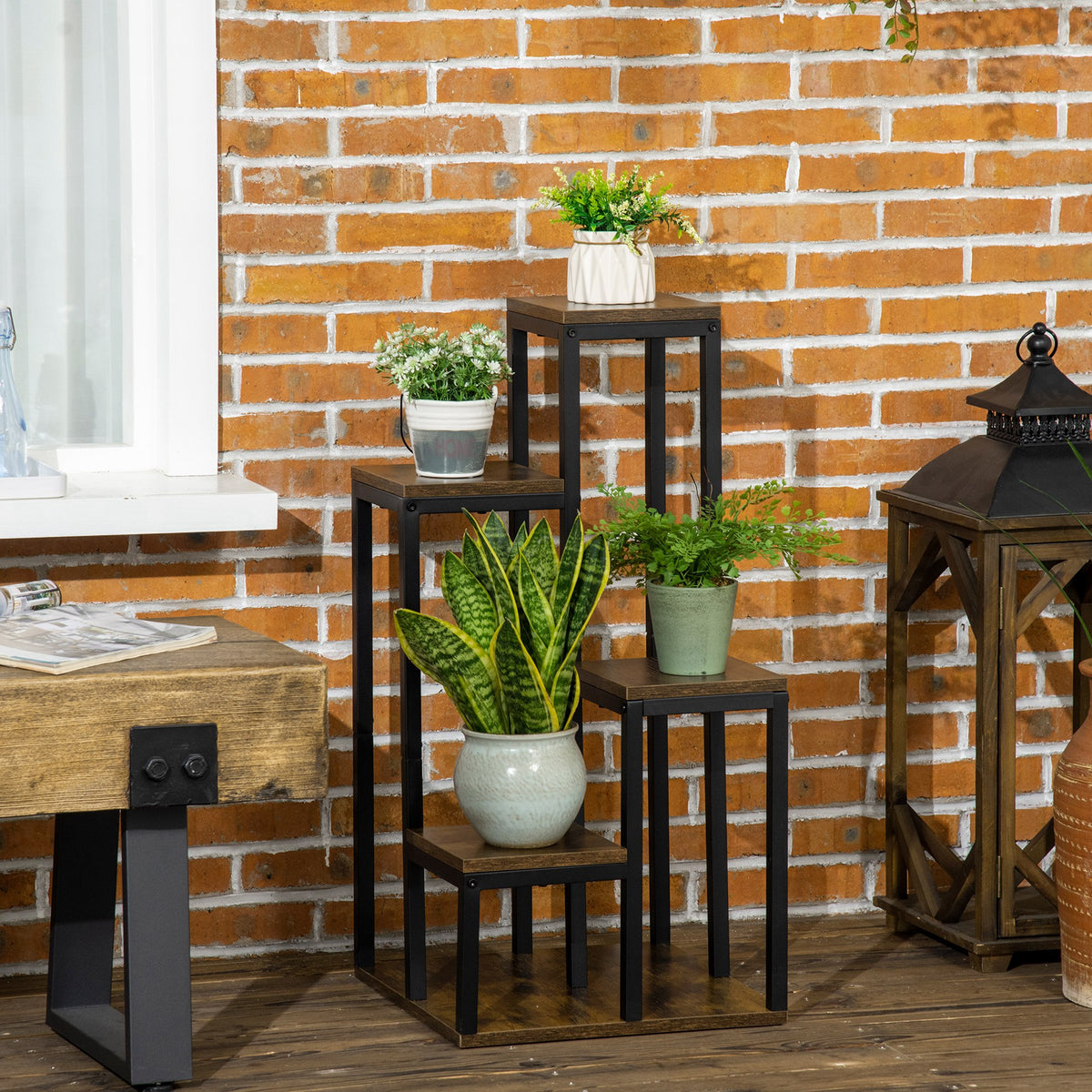 Support pour plantes étagère à fleurs 4 étagères différentes hauteurs structure acier 40 x 40 x 81 cm noir-9
