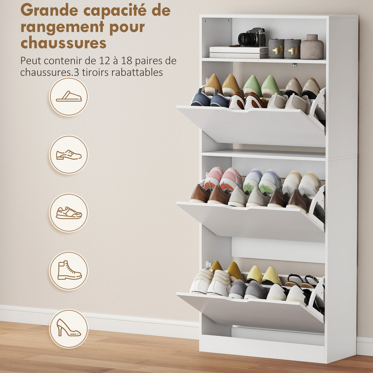 Meuble à chaussures 18 paires, armoire à chaussures étroite, 3 tiroirs rabattables, étagères réglables, blanc-4