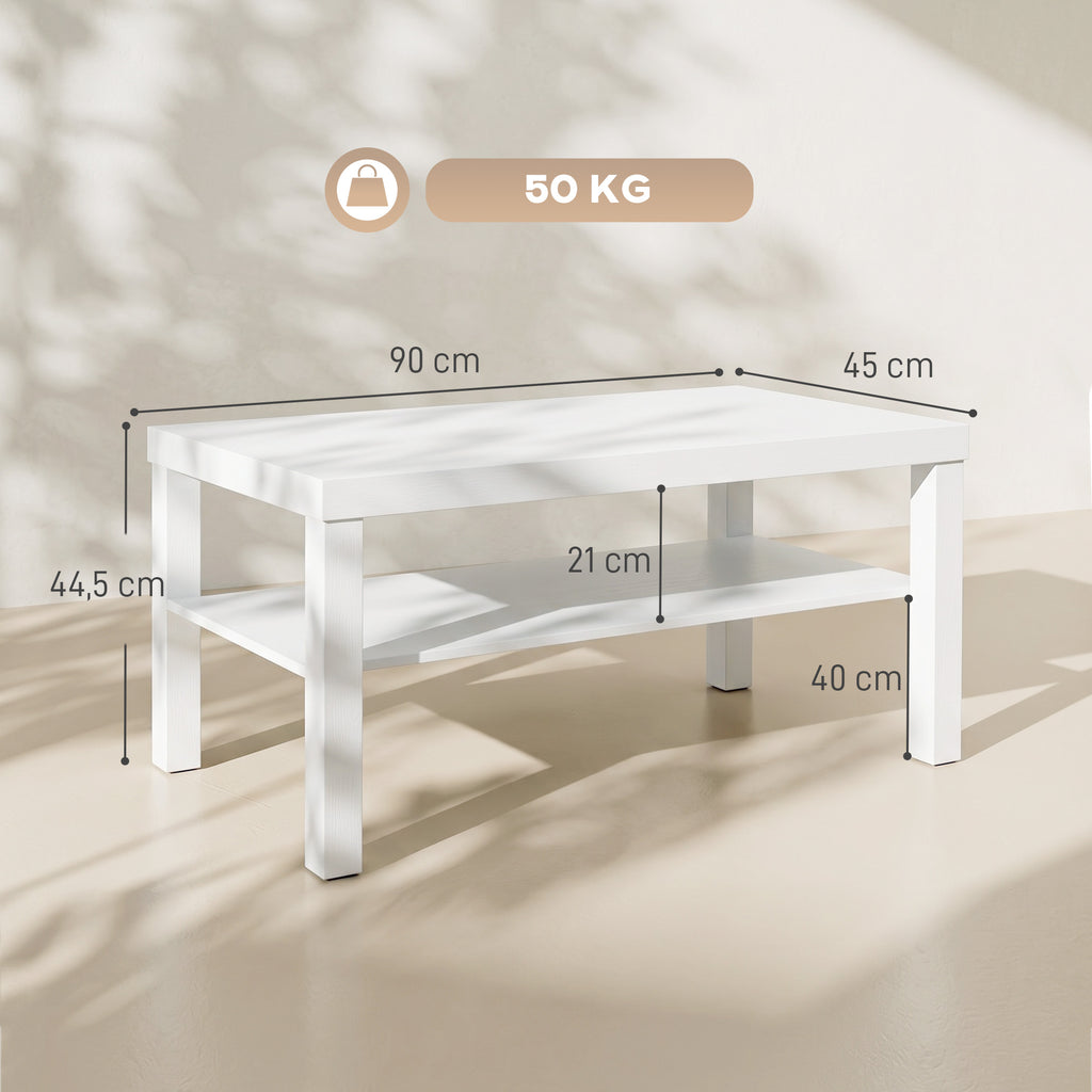 Table basse de salon, table d'appoint rectangulaire à 2 niveaux avec étagère de rangement, 90x45x44,5cm, blanc-2