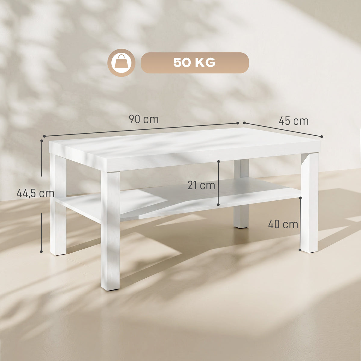 Table basse de salon, table d'appoint rectangulaire à 2 niveaux avec étagère de rangement, 90x45x44,5cm, blanc-2