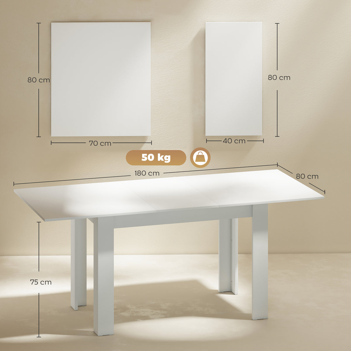 Table à manger extensible, table de cuisine rectangulaire, pour 6-8 personnes, 140-180 x 80 cm, blanc-2