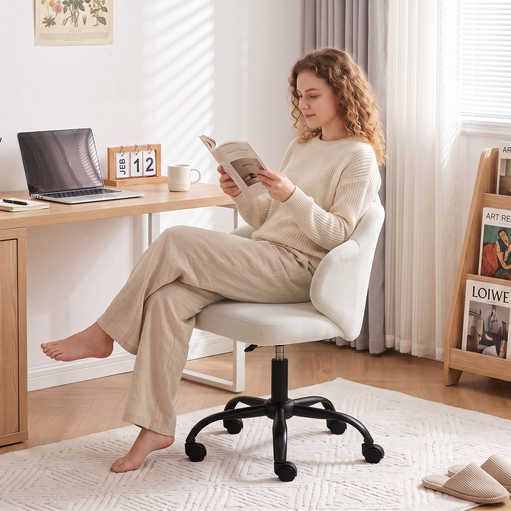 Chaise Bureau en Velours, Chaise Coiffeuse avec Dossier en Pétale, Hauteur Réglable, Fonction Bascule, Crème-8