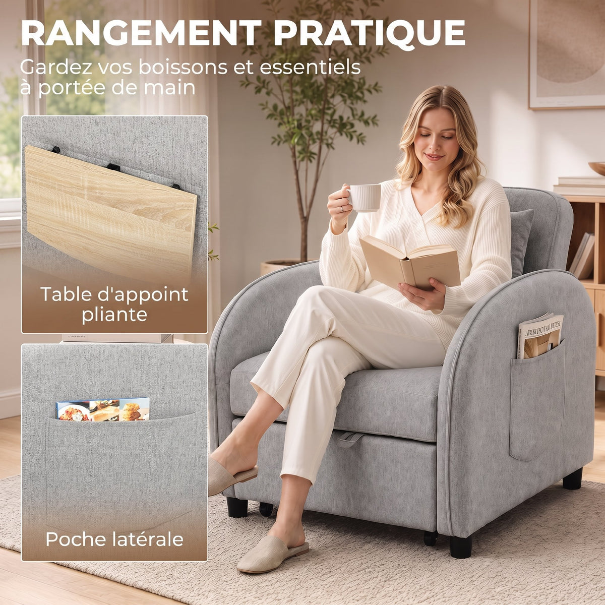 Fauteuil Convertible 1 Place, Fauteuil-Lit Clic-Clac 3 en 1, Dossier Réglable, Tablette Latérale Rabattable, Gris-6