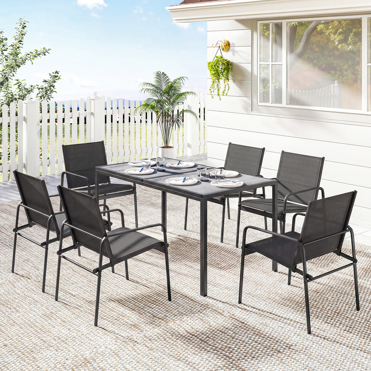 Salon de Jardin Extérieur pour 6 Personnes, Table de Patio Effet Bois et Chaises avec Assise en Maille Respirante, Cadre en Acier Galvanisé, Noir-9
