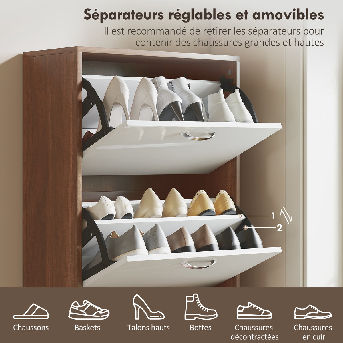 Armoire à Chaussures Meuble à Chaussures 5 Portes abattantes Bicolore Blanc Marron foncé Imitation Bois-4