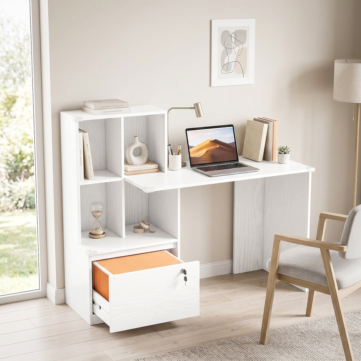 Bureau d'ordinateur avec bibliothèque 4 compartiments et tiroir verrouillable, 126 x 50 x 109 cm, grain de bois blanc-1