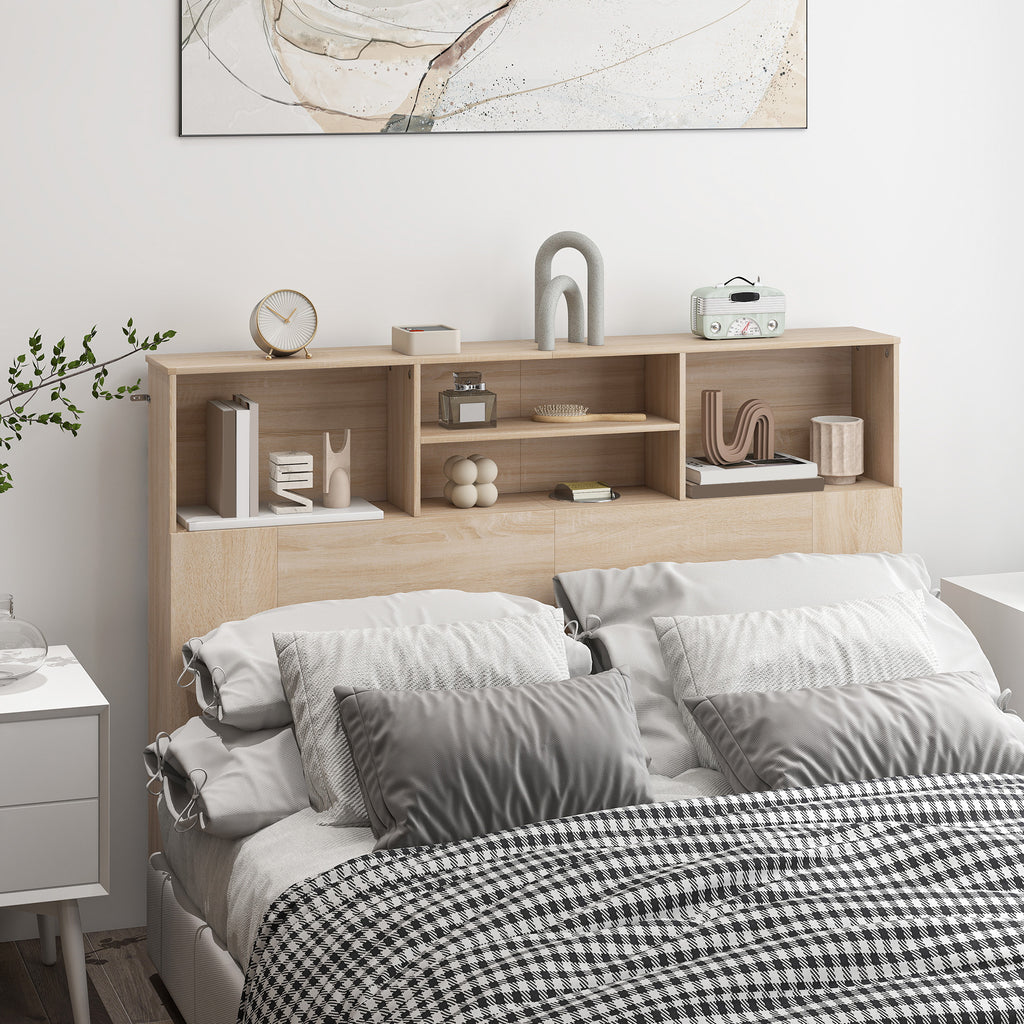 Tête de lit sur pied avec rangements, accessoire de lit 4 compartiments ouverts, 140 x 19 x 103,5 cm, effet bois naturel-9