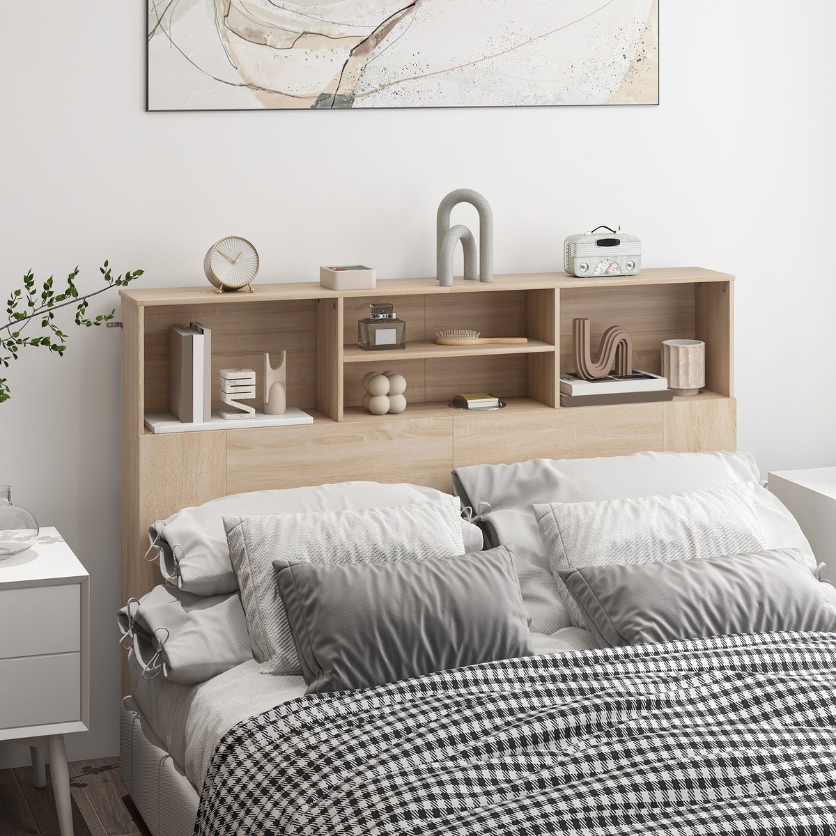 Tête de lit sur pied avec rangements, accessoire de lit 4 compartiments ouverts, 140 x 19 x 103,5 cm, effet bois naturel-9