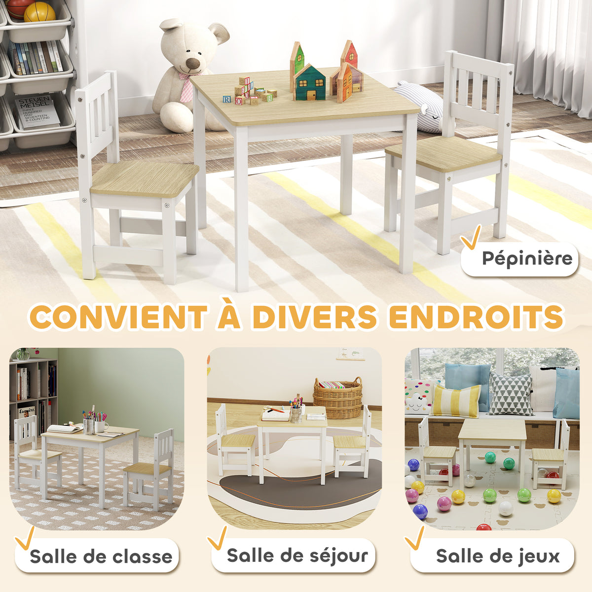 Table enfant avec chaise, lot table et 2 chaises enfant en bois pour dessiner, jouer, étudier, 56x52x48cm, bois naturel-6