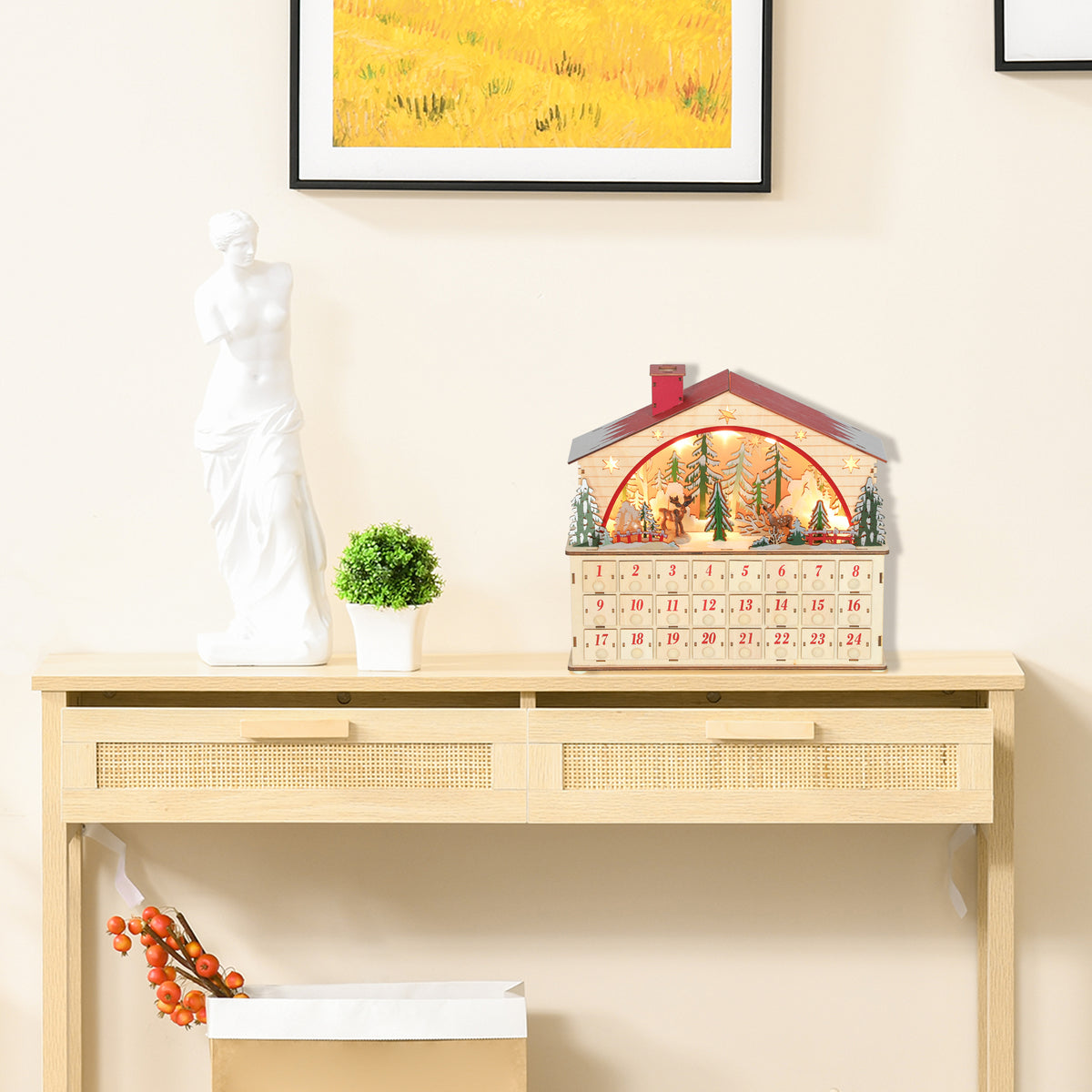 Calendario dell’Avvento di Natale con villaggio in legno, 24 cassetti e 15 LED
