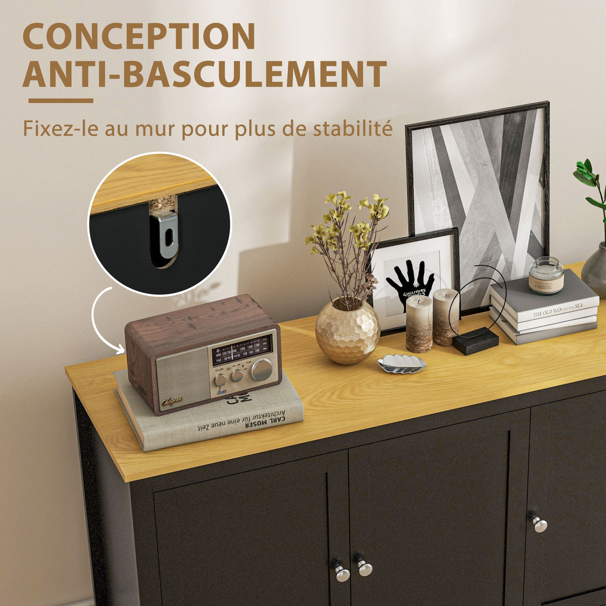 Buffet meuble de rangement avec 3 portes 2 étagères réglables plateau aspect bois clair 120 x 40 x 70 cm noir-5