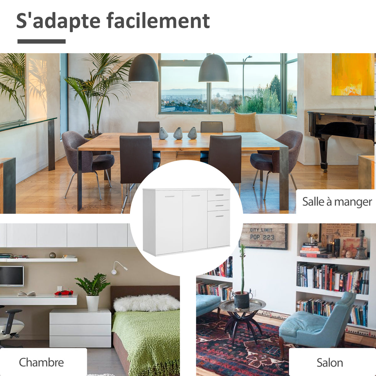 Buffet salon à haut brillance, meuble de rangement avec 2 tiroirs, 3 portes et étagère réglable, style contemporain, buffet salle à manger et cuisine, 106 x 35 x 76 cm, blanc-5