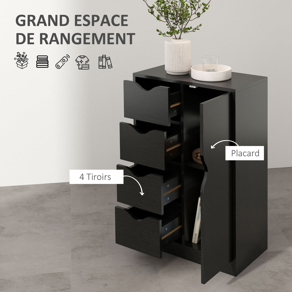 Meuble de rangement buffet commode 1 placard et 4 tiroirs, en bois, pour salon, cuisine, entrée, salle à manger, noir-4