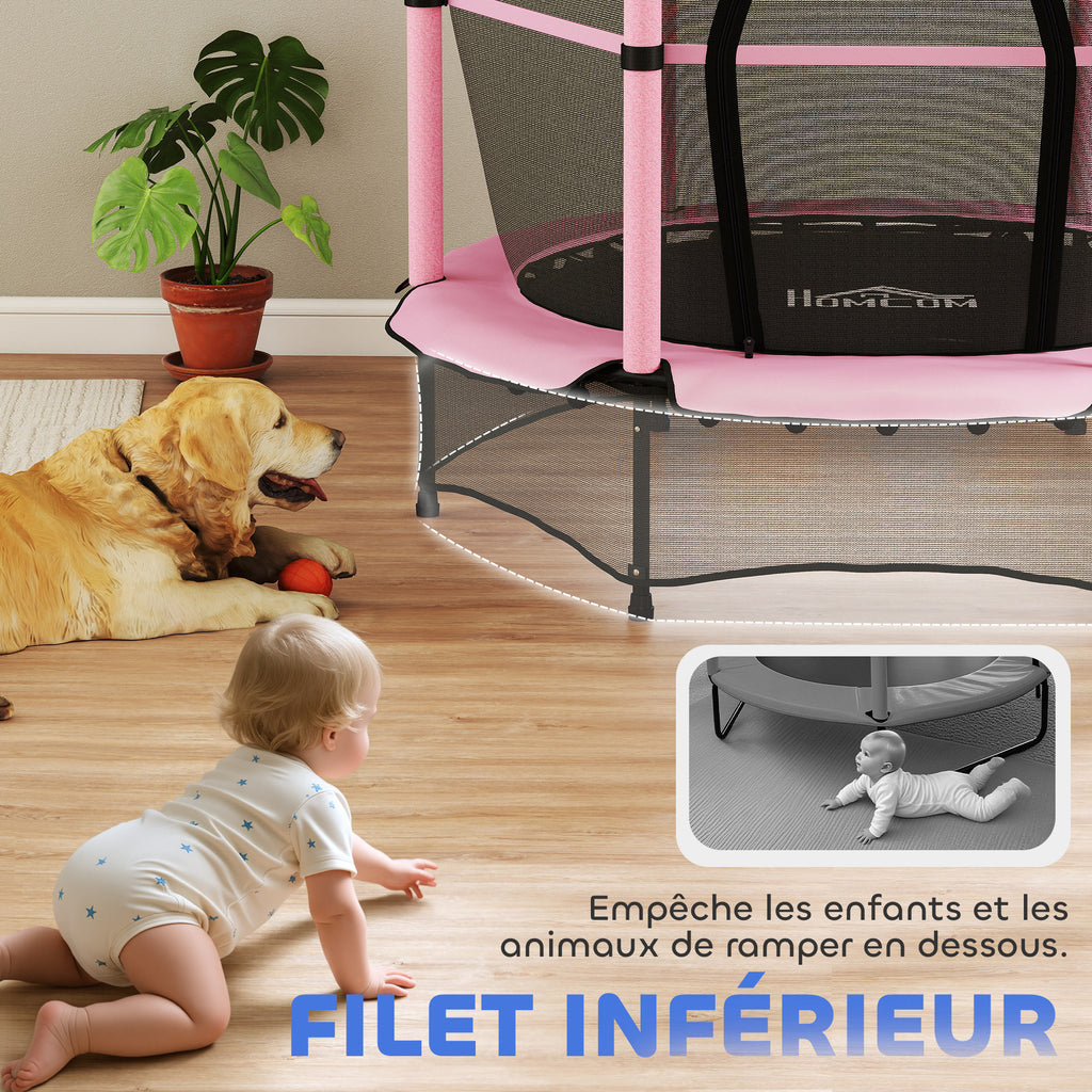 Trampoline Enfant Ø 1,40 × 1,90H m Filet de sécurité Porte zipée Couvre-Ressorts 6 poteaux rembourrés Inclus Rose-7