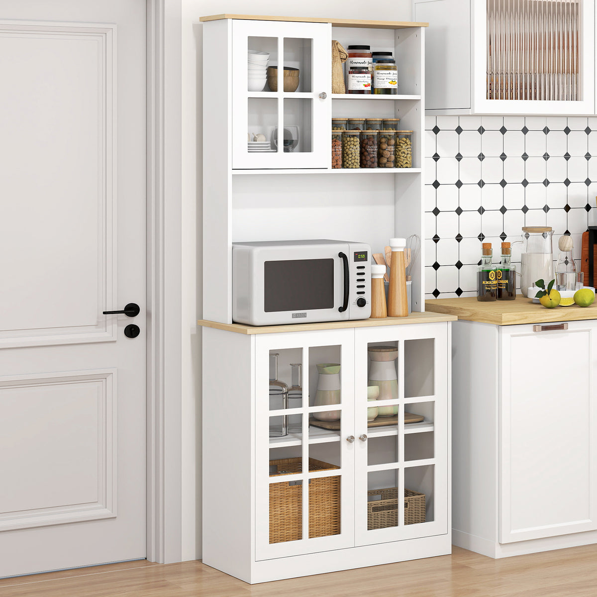 Buffet cuisine, meuble cuisine rangement haut, meuble de rangement avec plan de travail, 3 portes vitrées, 2-9