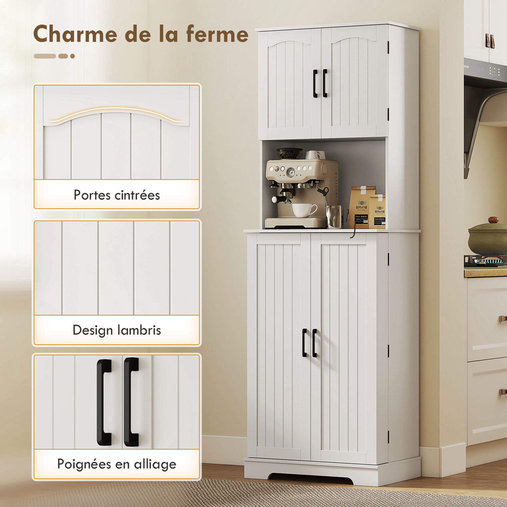 Buffet haut cuisine armoire de cuisine, 4 portes plan de travail 8 porte-épices étagères réglables 60x40x181,5cm blanc-5