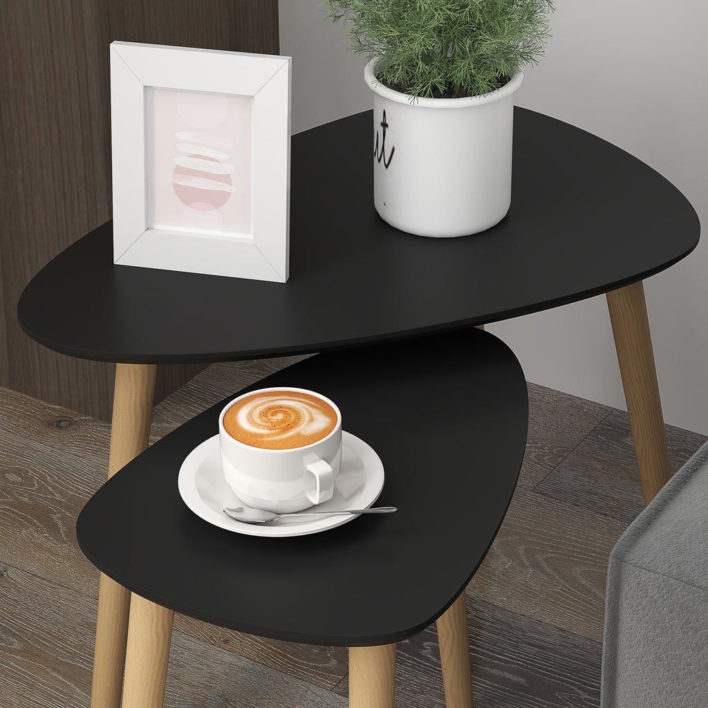 Lot de 2 tables basses gigognes design scandinave pieds en bois et plateau en bois, noir-6