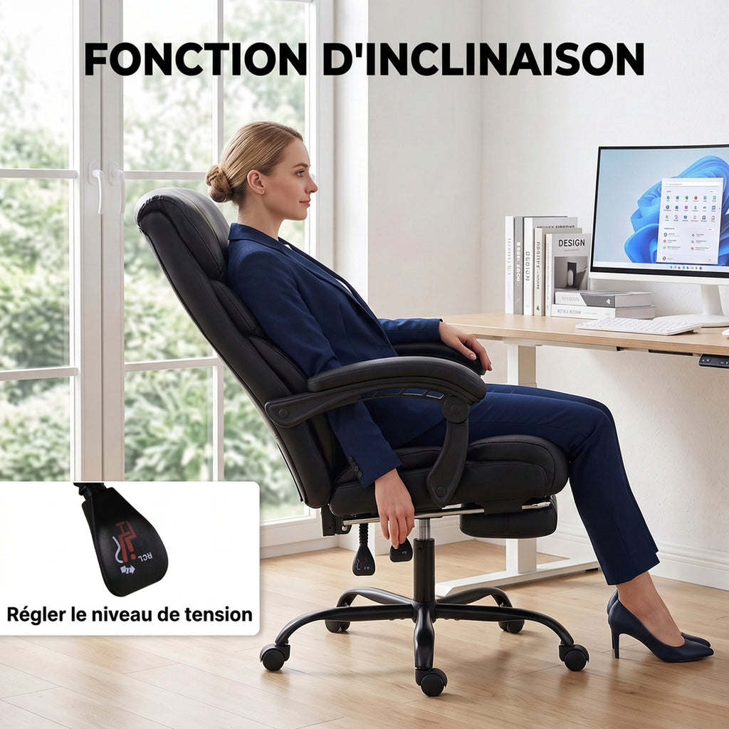 Chaise Bureau Ergonomique Inclinable, Fauteuil de Bureau en PU, Accoudoirs Synchronisés, Hauteur Réglable, Noir-5