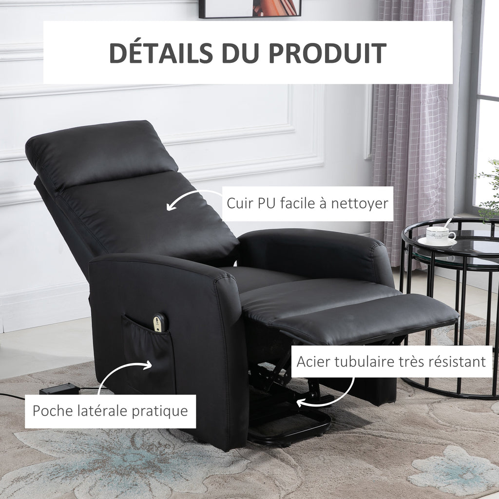 Fauteuil releveur électrique inclinable avec repose-pied ajustable et télécommande revêtement synthétique noir-6