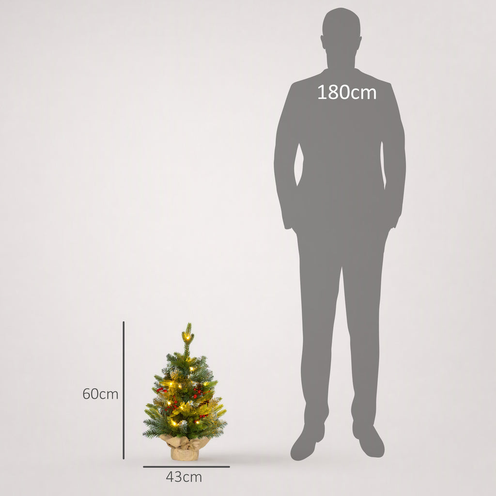 Albero di Natale da tavolo 60 cm con 20 LED, pigne e bacche rosse