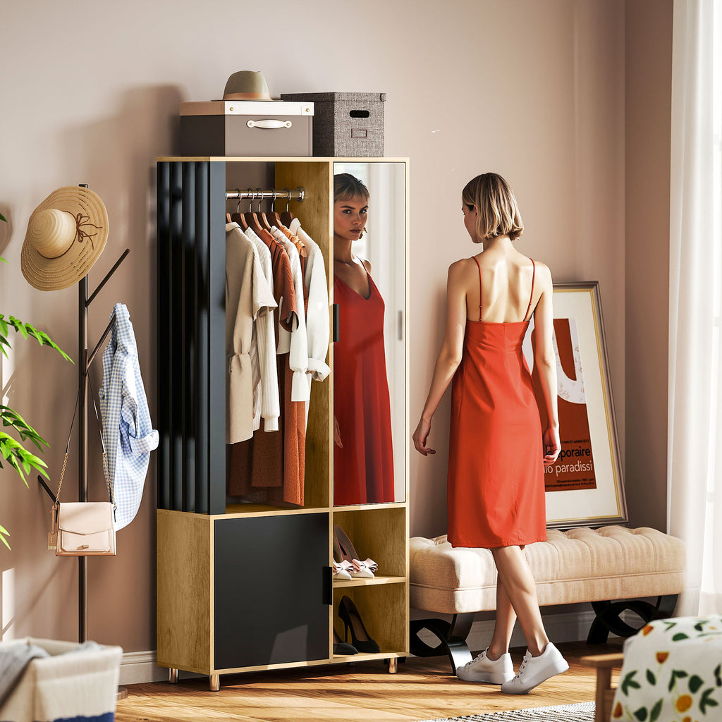 Armoire chambre penderie avec miroir, compartiments ouverts, placard et tringle de suspension, 80 x 30 x 170 cm, naturel-1