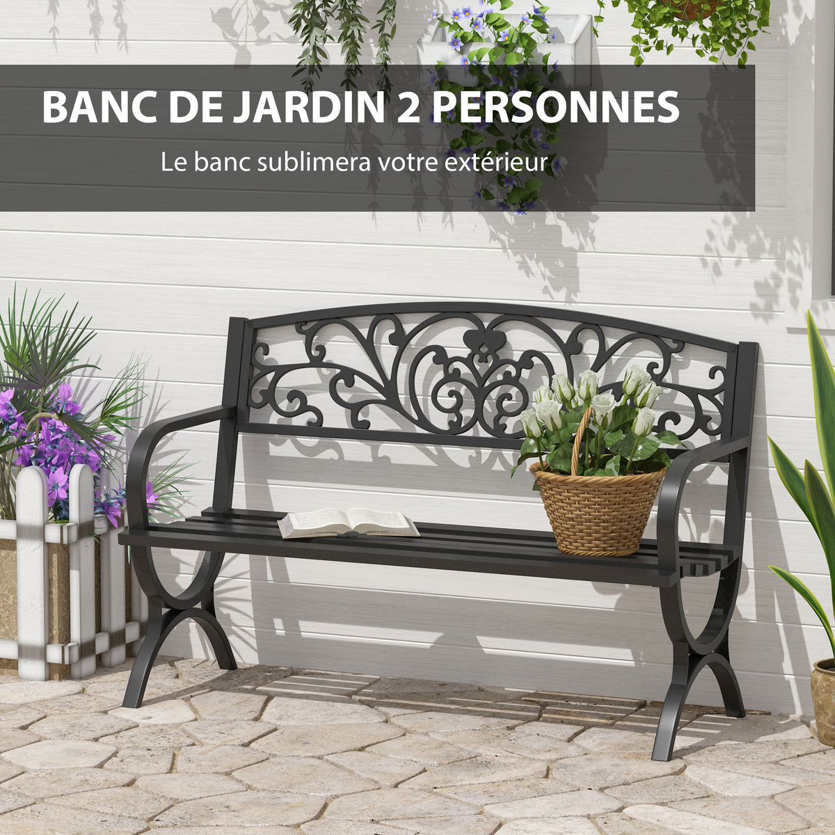 Banc de jardin terrasse en acier fonte noir 3 places 127 x 60 x 85 cm charge max 240 Kg-3