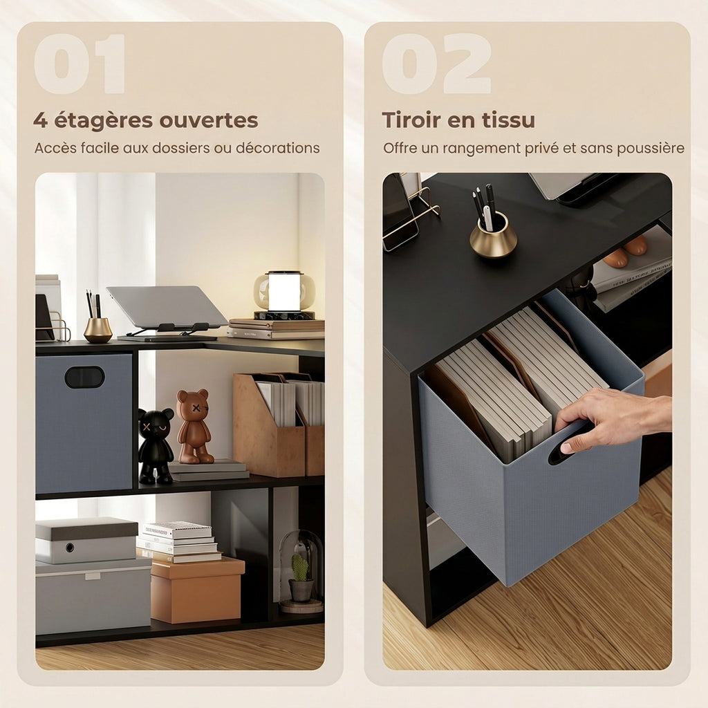 Bureau d'angle, bureau d'ordinateur avec tiroir en tissu et compartiments ouverts, 110 x 100 x 75 cm, noir-4