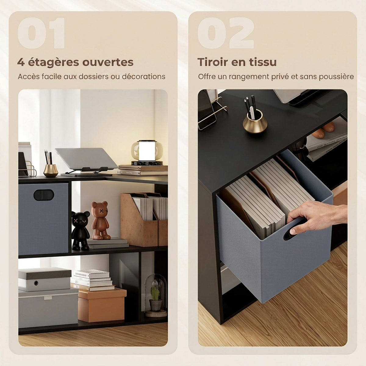 Bureau d'angle, bureau d'ordinateur avec tiroir en tissu et compartiments ouverts, 110 x 100 x 75 cm, noir-4