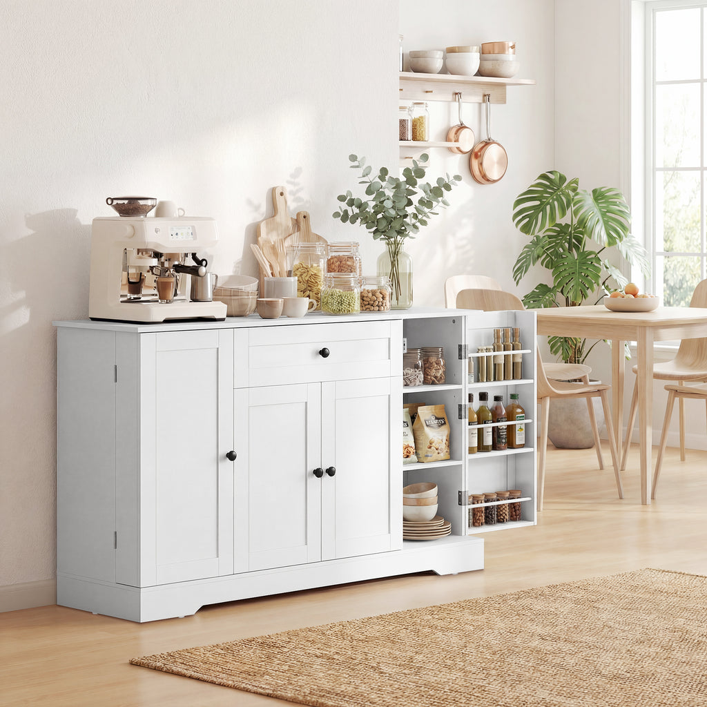 Buffet cuisine, meuble de rangement avec tiroir, 4 portes à fermeture douce, racks-porte et étagères réglables, blanc-1
