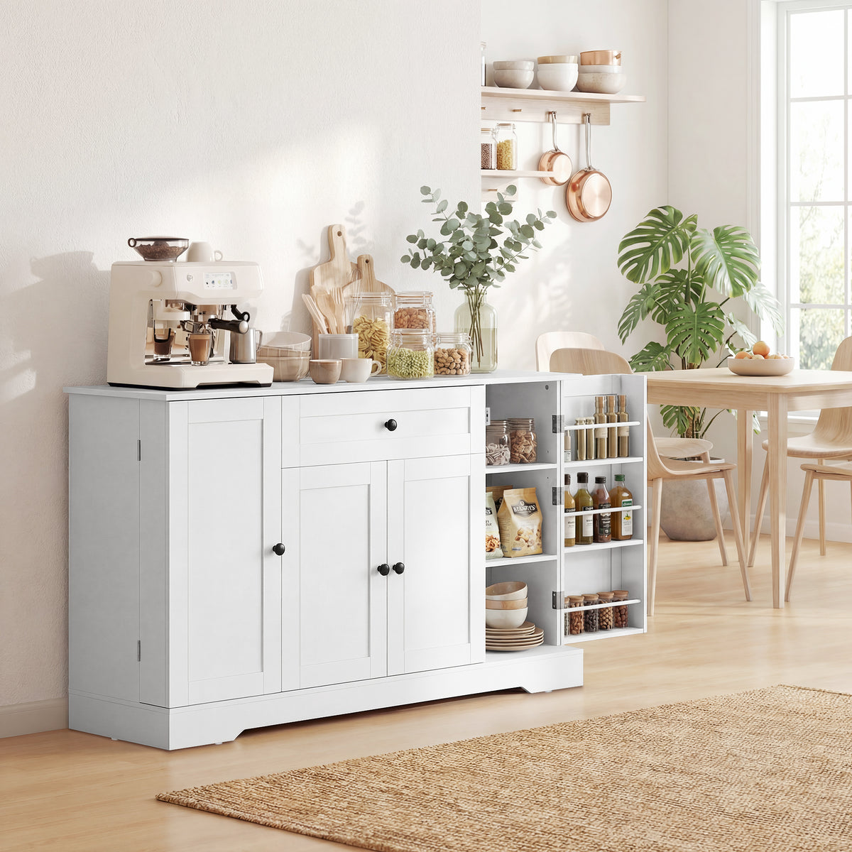Buffet cuisine, meuble de rangement avec tiroir, 4 portes à fermeture douce, racks-porte et étagères réglables, blanc-1