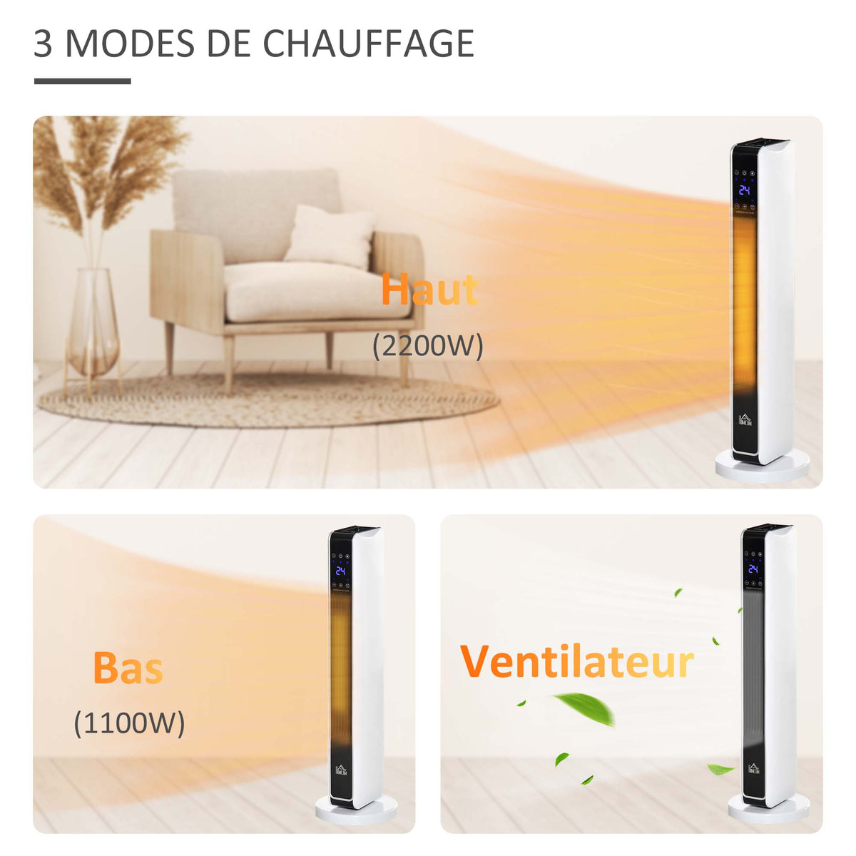 Chauffage électrique soufflant oscillant 1100/2200 W, céramique PTC, télécommande incluse, minuterie 8h, 21 x 21 x 73 cm-6