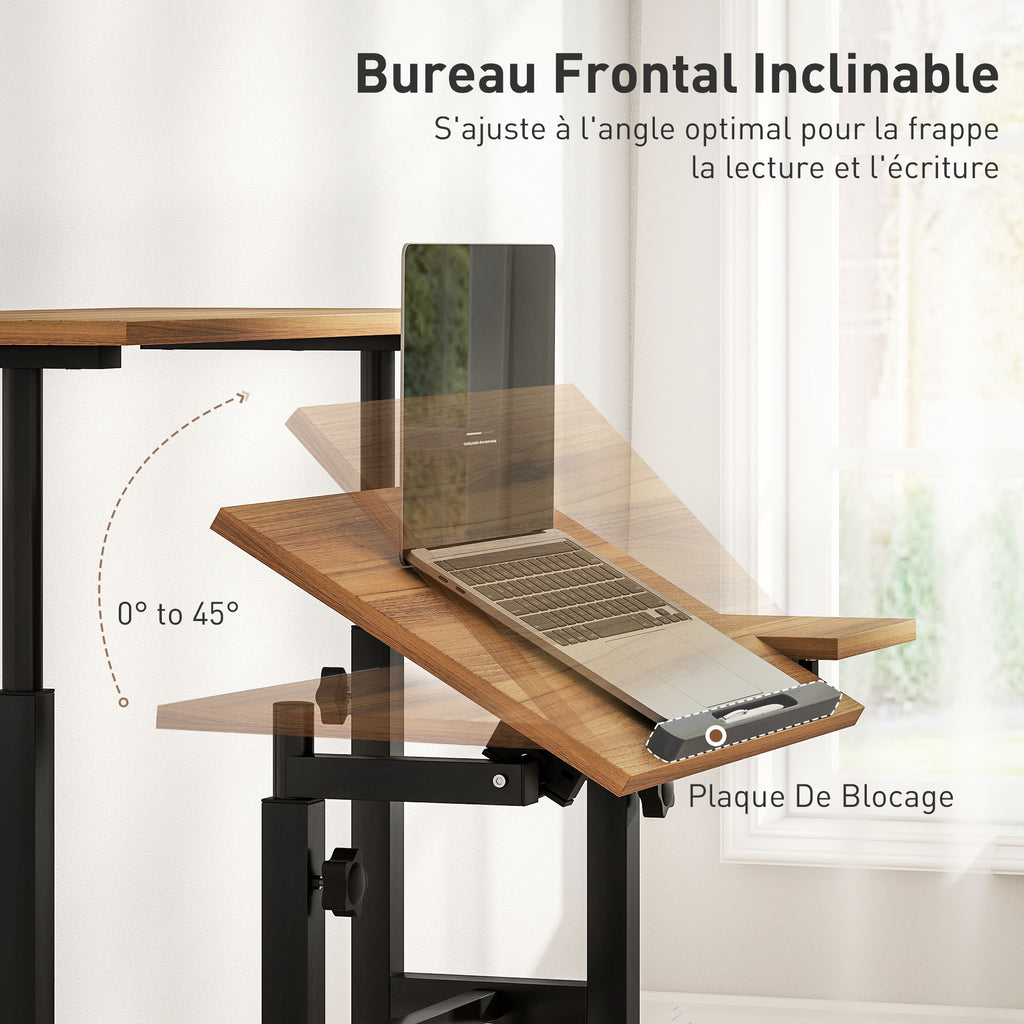 Bureau assis debout bureau réglable en hauteur 70 x 60 cm à roulettes avec plateau inclinable cadre en métal marron-4
