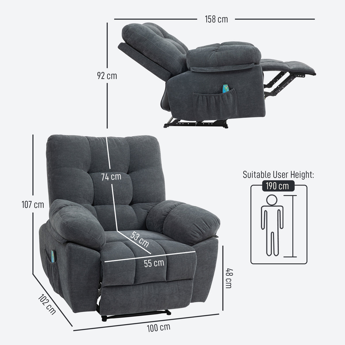 Fauteuil de massage fauteuil relax avec vibration chauffage, inclination manuelle, télécommande inclus, gris-2
