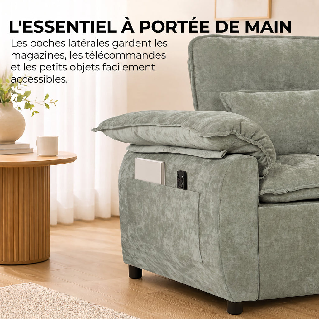 Canapé Convertible 2 Places, Canapé-Lit 3 en 1 Velours 137 cm, Dossier Réglable, Assise Large, 2 Oreillers, Vert-6