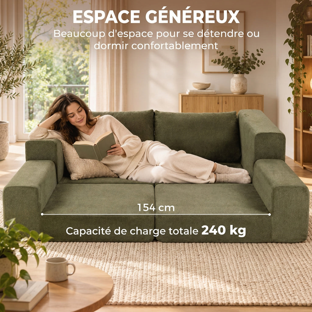 Canapé Convertible 2 Places 4 en 1, Canapé-Lit Compressé en Chenille 208 cm avec Assise Large, 2 Oreillers, Vert-4