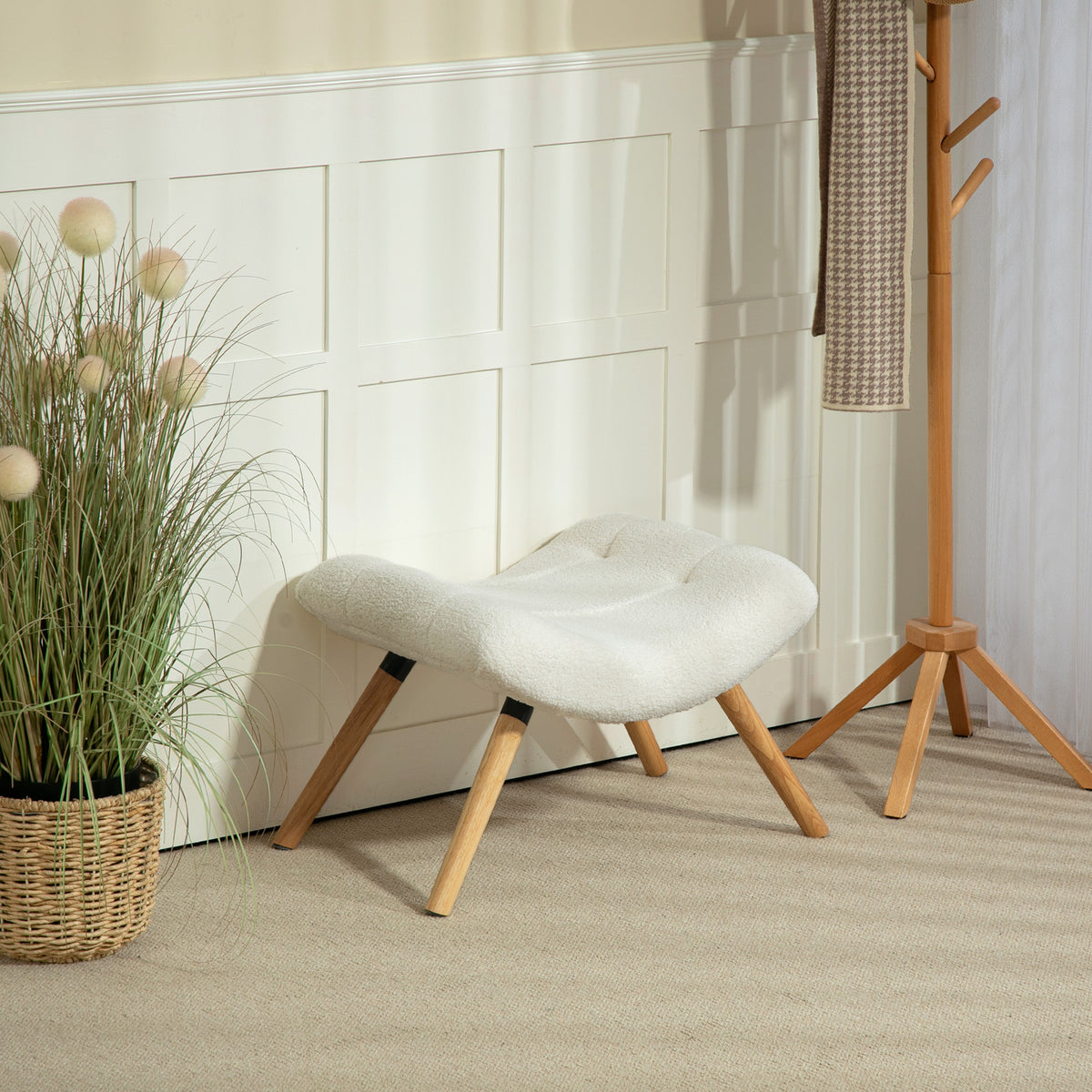 Repose pied salon ottoman pouf salon tabouret de canapé en tissu avec pieds en bois de hêtre, siège rembourré, crème-1