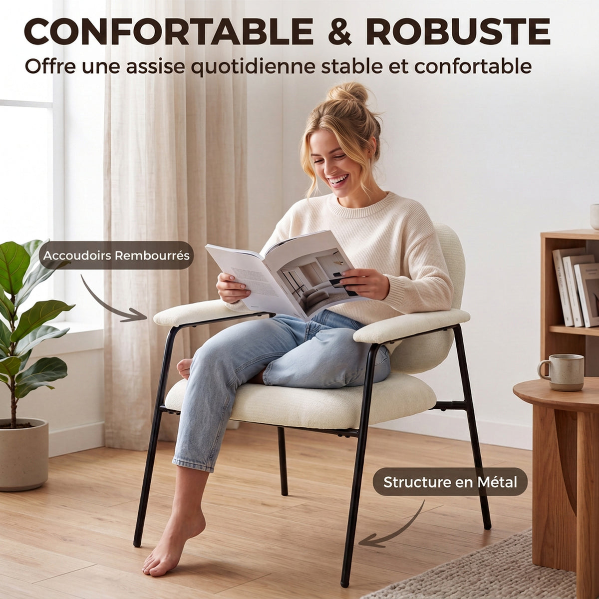 Lot de 2 Fauteuils Salon, Fauteuils d'Appoint en Chenille avec Dossier Profilé, Accoudoirs Rembourrés, Crème-6