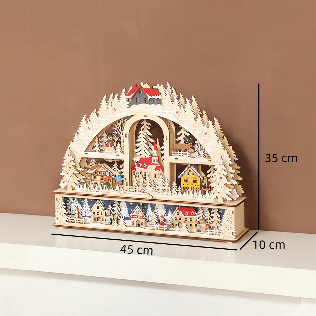 Villaggio di Natale ad arco in legno con 20 LED, 45 × 10 × 35 cm